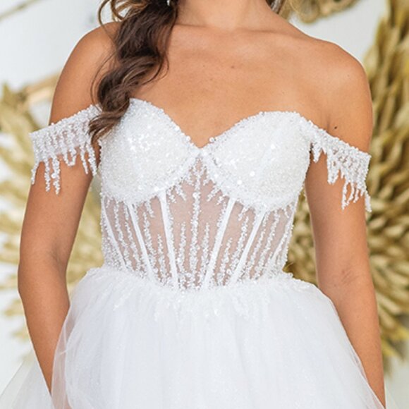 New Formal Off White Wedding Tulle Dress w/ Sequins Embellished Bodice DQ 3405 - Picture 8 of 9